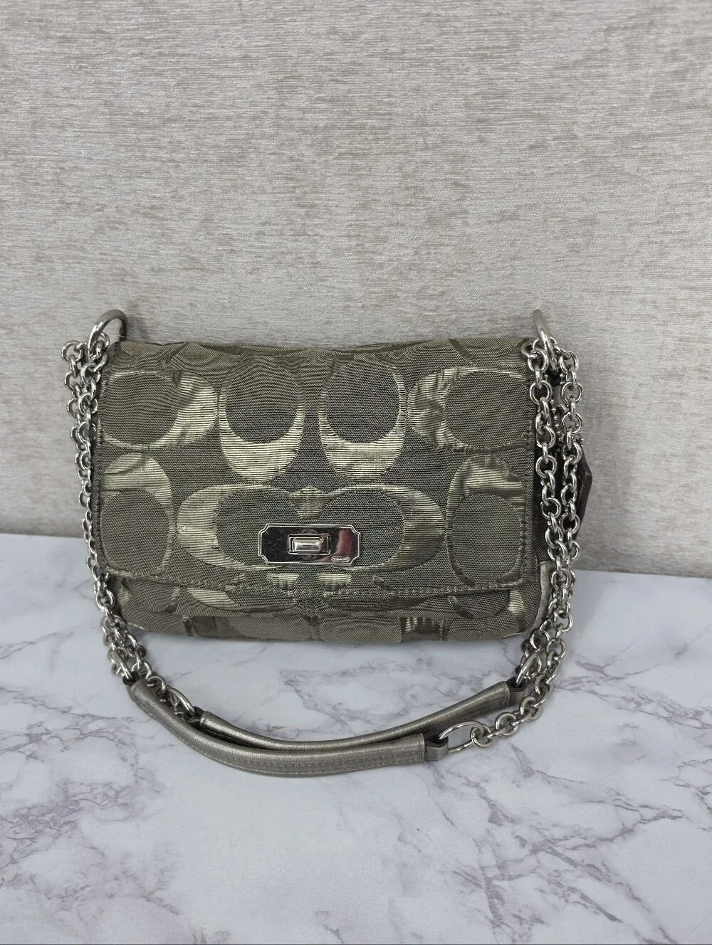 Coach Signature Canvas Jacquard Shoulder Bag in Metallic Pewter Chain Straps